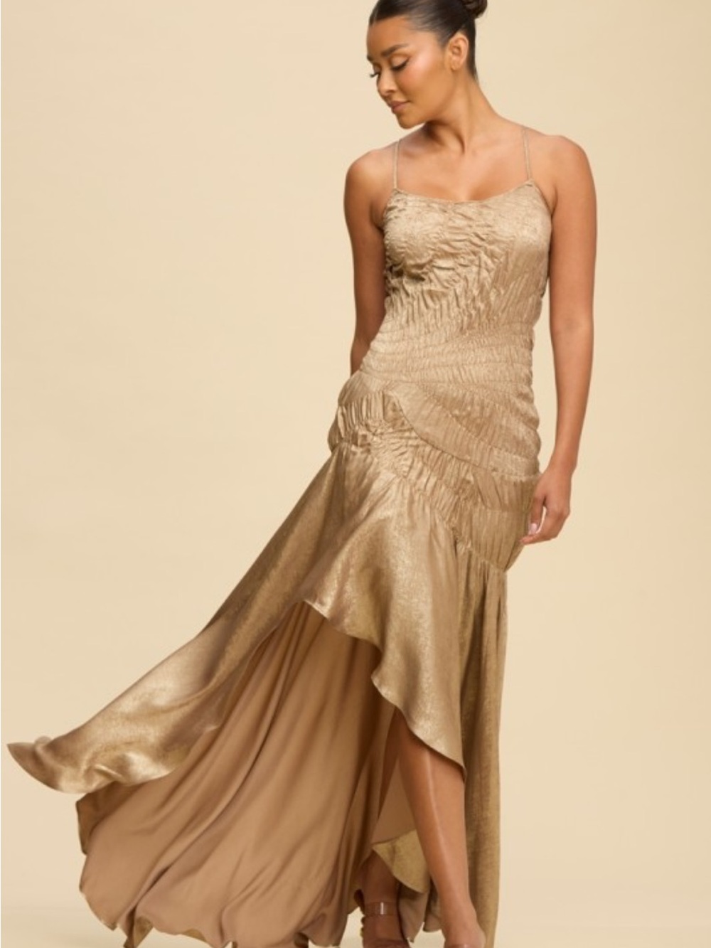 NWT Metallic Gold High-Low Slip Ruched Bodice Adjustable Straps Dress